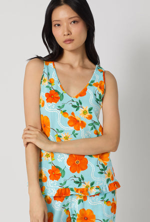 A lady wearing Golden Breeze Ruffle Tank Stretch Jersey Cropped Pj Set closer look