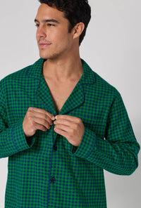 A man wearing Jack Gingham Men's Long Sleeve Classic Woven Portuguese Flannel Pj Set closer look