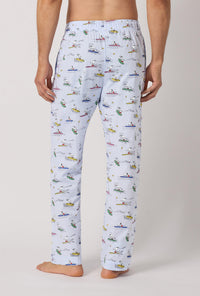 A man wearing Catch A Wave, Snoopy Men's Woven Cotton Poplin Pj Pant back view