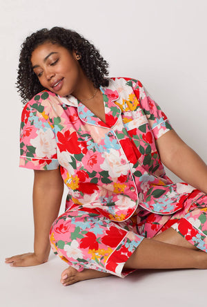 A lady wearing plus size Cassandra Short Sleeve Classic Woven Cotton Poplin Cropped Pj Set