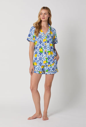 A lady wearing Blue and White Short Sleeve Classic Shorty Stretch Jersey Pj Set front view