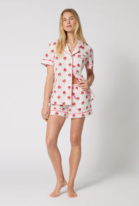 A Lady Wearing Celeste Short Sleeve Classic Woven Supersoft Cotton Poplin Shorty Pj Set