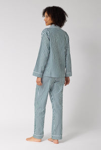 A lady wearing Green Signature Stripe Long Sleeve Classic Woven Cotton Sateen Pj Set back view
