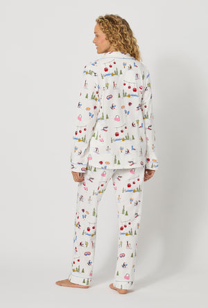 A lady wearing Snow Much Fun Long Sleeve Classic Stretch Jersey Pj Set back view