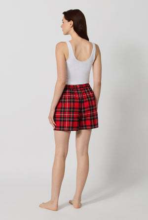 A lady wearing Fireside Plaid Woven Portuguese Flannel Boxer Short back view
