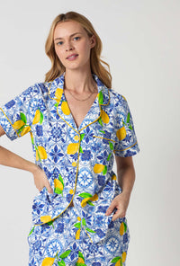 A closeup of A lady wearing Blue and White Short Sleeve Classic Stretch Jersey Cropped Pj Set
