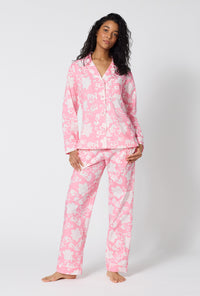 A Lady Wearing Dynasty Pink Long Sleeve Classic Woven Cotton Poplin Pj Set