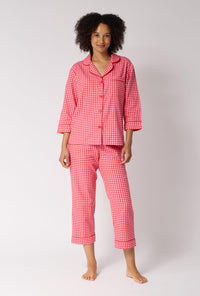 A lady wearing Jane Gingham 3/4 Sleeve Classic Woven Portuguese Flannel Cropped Pj Set