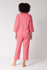 A lady wearing Jane Gingham 3/4 Sleeve Classic Woven Portuguese Flannel Cropped Pj Set back view