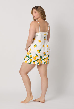 A lady wearing plus size White Cami Shorty Stretch Jersey Pj Set back view