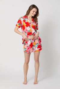 A lady wearing Cassandra Short Sleeve Classic Woven Cotton Poplin Shorty Pj Set