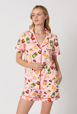 A closeup of A lady wearing Pink Short Sleeve Classic Shorty Stretch Jersey Pj Set