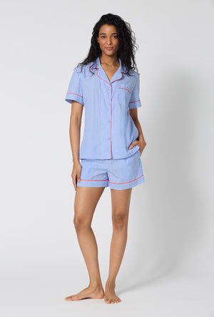 A Lady Wearing French Stripe Short Sleeve Classic Woven Supersoft Cotton Poplin Shorty Pj Set
