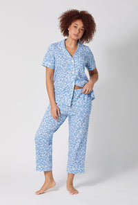 A lady wearing Something Blue Short Sleeve Classic Stretch Jersey Cropped Pj Set