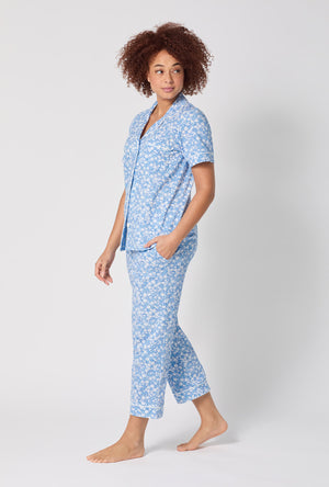 A lady wearing Something Blue Short Sleeve Classic Stretch Jersey Cropped Pj Set
