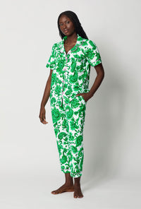 A lady wearing Green and White Short Sleeve Classic Stretch Jersey Cropped Pj Set front view