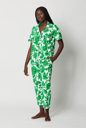 A lady wearing Green and White Short Sleeve Classic Stretch Jersey Cropped Pj Set front view