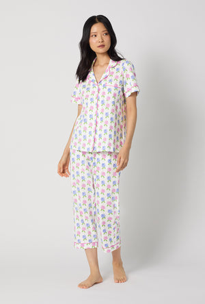 A lady wearing Cottage Parlor Short Sleeve Classic Stretch Jersey Cropped Pj Set