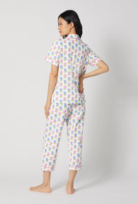 A lady wearing Cottage Parlor Short Sleeve Classic Stretch Jersey Cropped Pj Set back view