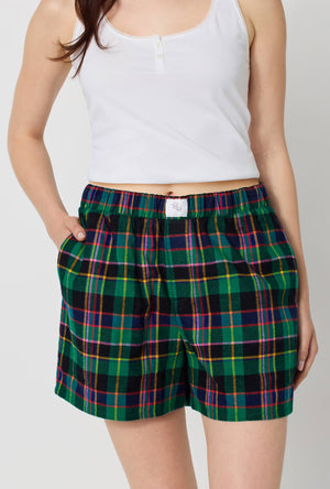 A lady wearing Winter Plaid Woven Portuguese Flannel Boxer Short closer look