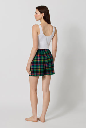 A lady wearing Winter Plaid Woven Portuguese Flannel Boxer Short back view