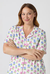 A lady wearing plus size Cottage Parlor Short Sleeve Classic Stretch Jersey Cropped Pj Set closer look