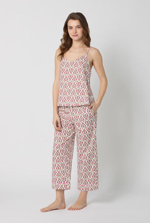 A lady wearing Olivia Cami Woven Cotton Poplin Cropped Pj Set