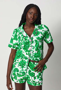 A closeup of A lady wearing Green and White Short Sleeve Classic Shorty Stretch Jersey Pj Set