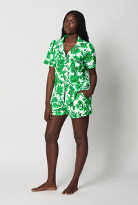A lady wearing Green and White Short Sleeve Classic Shorty Stretch Jersey Pj Set side view