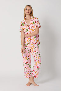A lady wearing Pink Short Sleeve Classic Stretch Jersey Cropped Pj Set front view