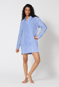 A Lady Wearing French Stripe High Low Woven Supersoft Cotton Poplin Boyfriend Shirt
