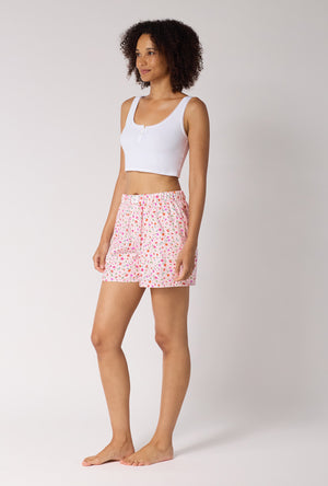 A lady wearing Blushwood Woven Portuguese Flannel Boxer Short looking side