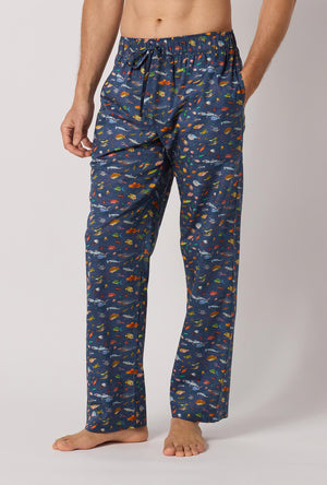 A man wearing Brian's Aquarium Men's Woven Tana Lawn® Pj Pant Made With Liberty Fabrics side look
