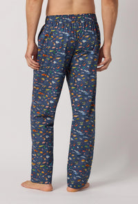 A man wearing Brian's Aquarium Men's Woven Tana Lawn® Pj Pant Made With Liberty Fabrics back view