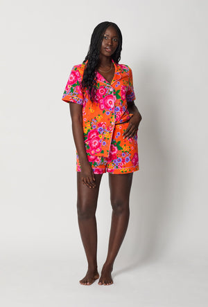A lady wearing Orange Short Sleeve Classic Shorty Stretch Jersey Pj Set front view