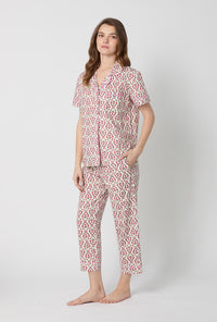 A lady wearing Olivia Short Sleeve Classic Woven Cotton Poplin Cropped Pj Set