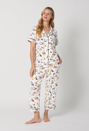 A lady wearing White Short Sleeve Classic Stretch Jersey Cropped Pj Set front view