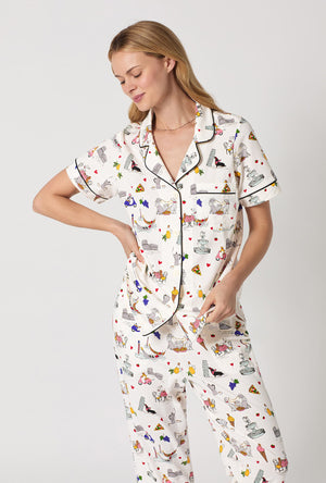 A closeup of A lady wearing White Short Sleeve Classic Stretch Jersey Cropped Pj Set