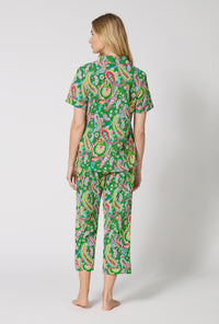 A Lady Wearing Sultana Short Sleeve Classic Stretch Jersey Cropped Pj Set in a back view pose