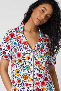 A Lady Wearing Ottoman Bloom Short Sleeve Classic Stretch Jersey Cropped Pj Set in a front close up view pose