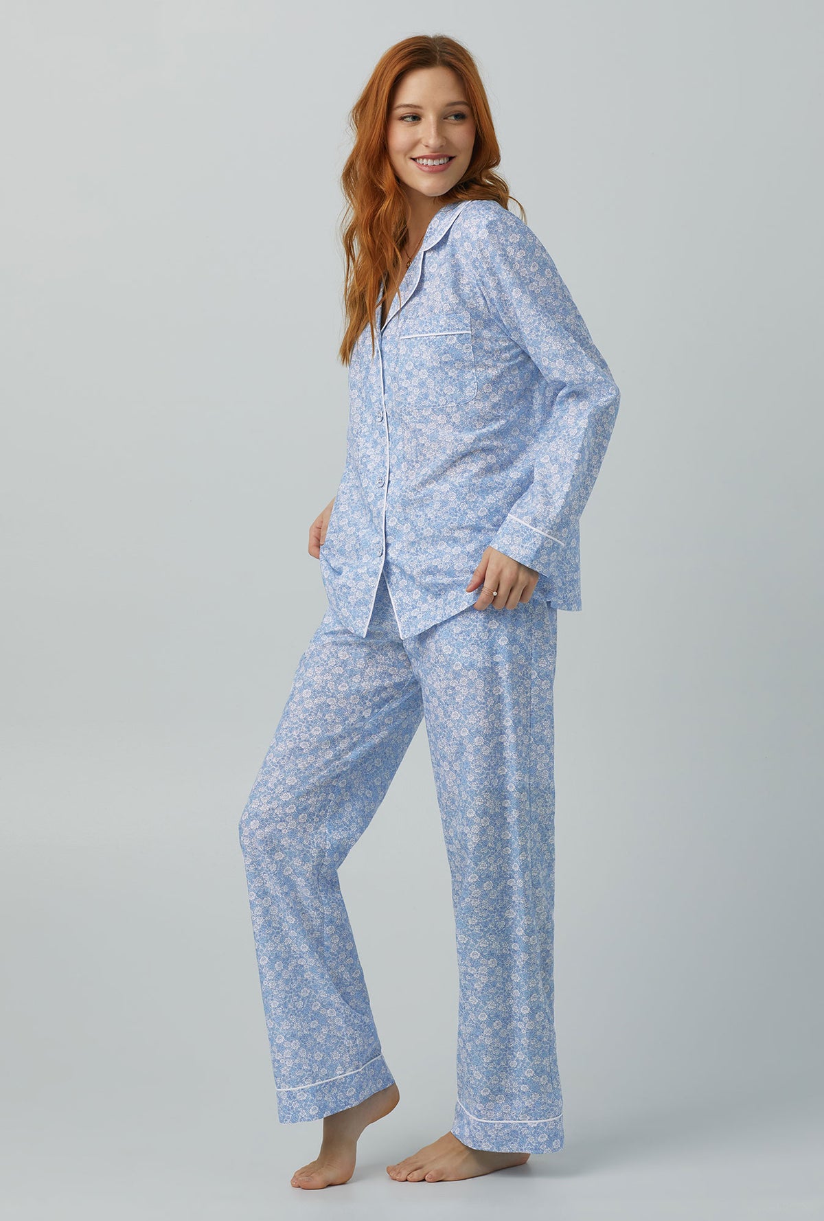 A lady wearing Long Sleeve Classic Woven Cotton Silk PJ Set with something blue print