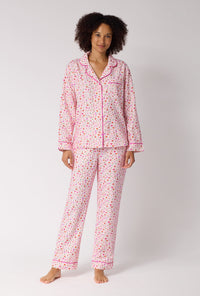 A lady wearing Blushwood Long Sleeve Classic Woven Portuguese Flannel Pj Set
