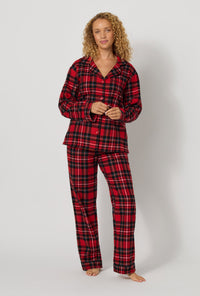 A lady wearing Fireside Plaid Long Sleeve Classic Woven Portuguese Flannel Pj Set looking front
