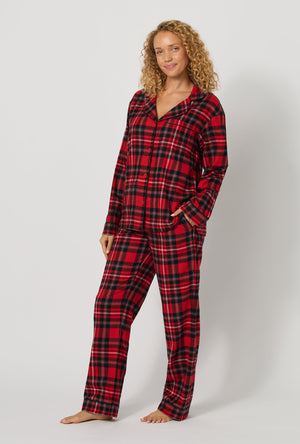 A lady wearing Fireside Plaid Long Sleeve Classic Woven Portuguese Flannel Pj Set