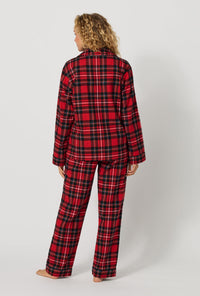 A lady wearing Fireside Plaid Long Sleeve Classic Woven Portuguese Flannel Pj Set back view