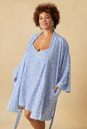 A lady wearing Something Blue Banded Collar Stretch Jersey Robe