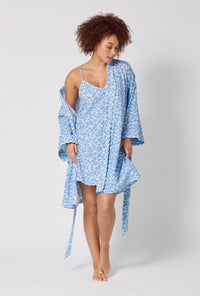 A lady wearing Something Blue Banded Collar Stretch Jersey Robe