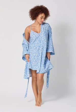 A lady wearing Something Blue Banded Collar Stretch Jersey Robe