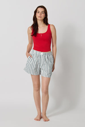 A lady wearing Peppermint Stripe Woven Portuguese Flannel Boxer Short