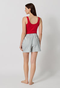 A lady wearing Peppermint Stripe Woven Portuguese Flannel Boxer Short back view
